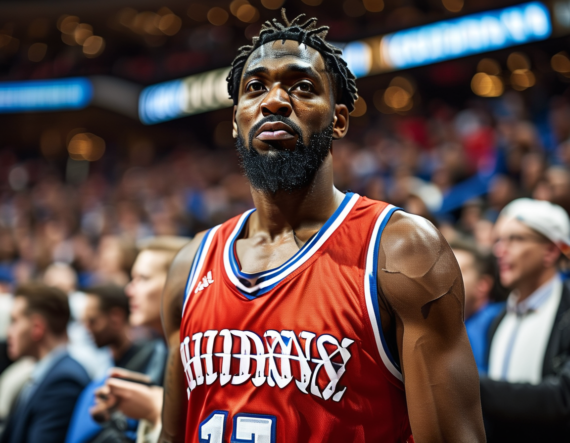 A tense moment captured during the game showing Embiid clutching his face after a collision, emphasizing the injury's impact on his season and the 76ers' campaign.