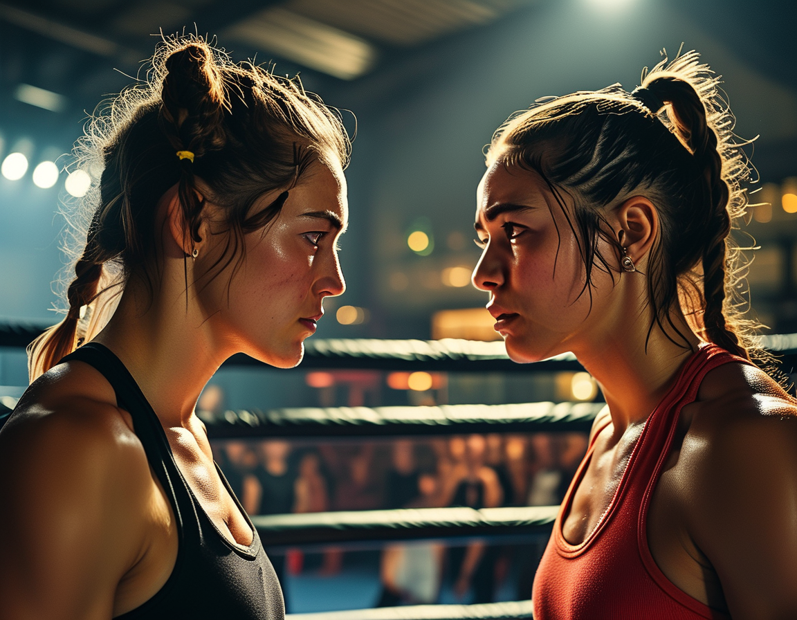 A vibrant scene at a boxing gym in Flint, Michigan, featuring women boxers training together, symbolizing the growing empowerment and representation of females in the sport.
