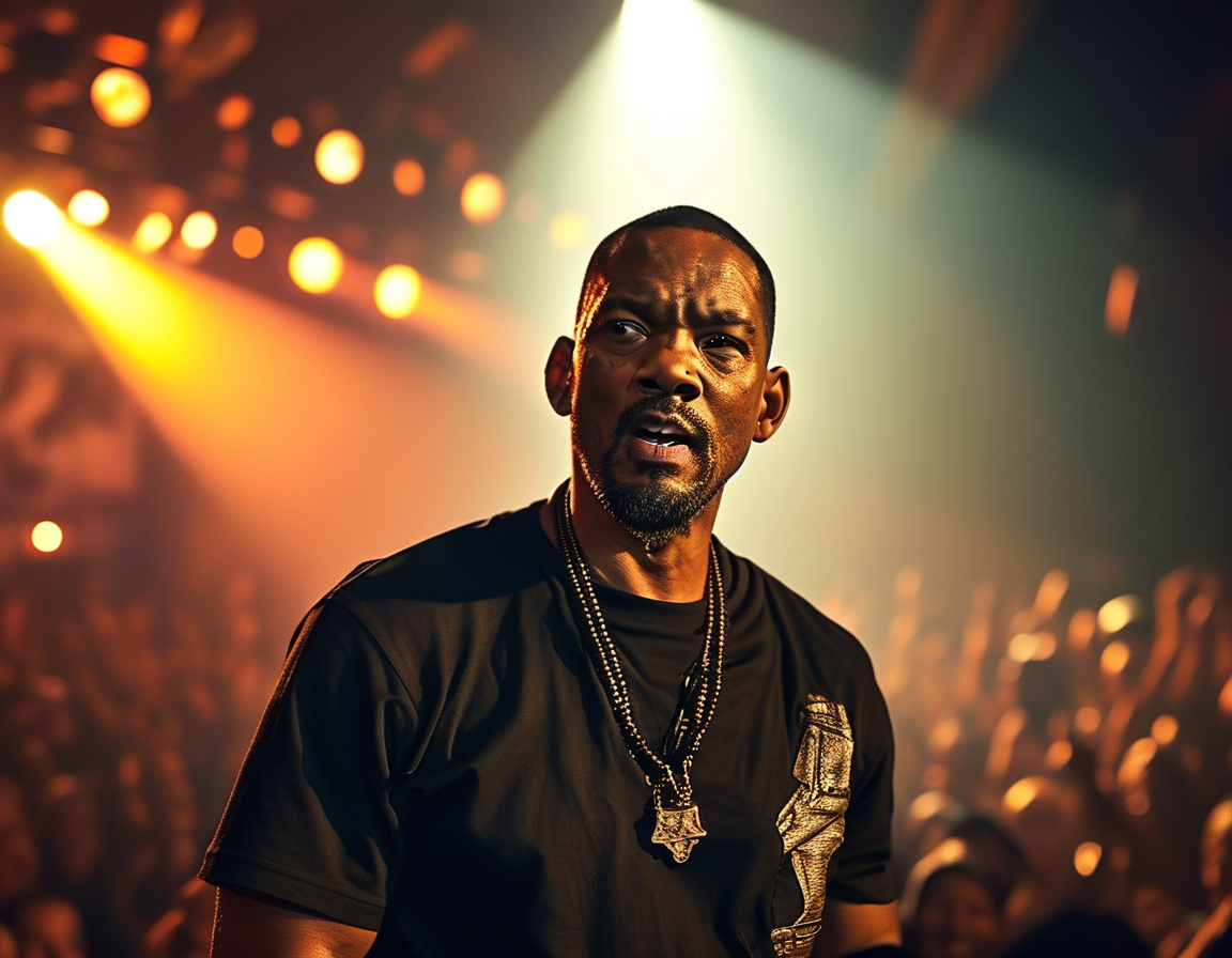 Will Smith performing on stage with a vibrant crowd, a spotlight shining down on him, as he addresses the audience regarding rumors and speculation about his ties to Diddy.