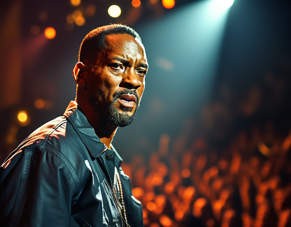 A close-up of Will Smith with an expressive face during his concert, passionately explaining his stance on the allegations surrounding Diddy, capturing the intensity of the moment.