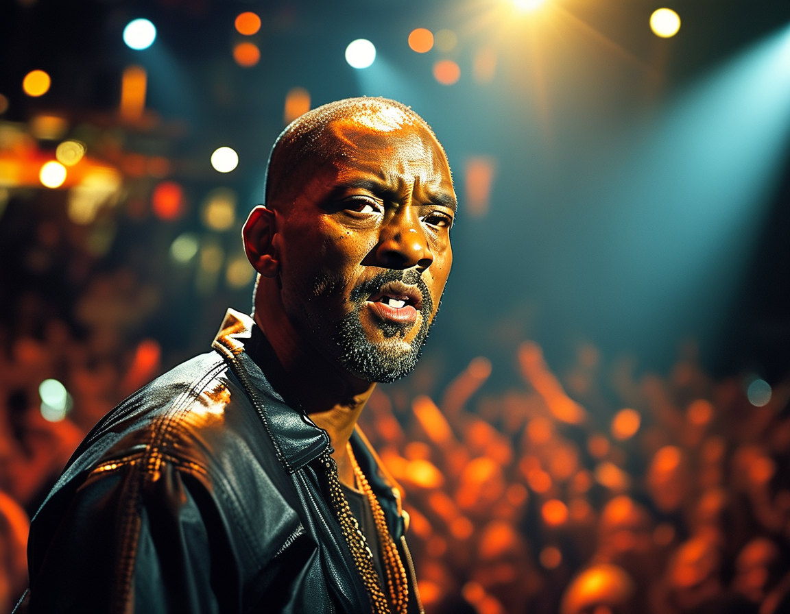 A split-screen image showing Will Smith's concert on one side and news headlines about Diddy’s legal troubles on the other, illustrating the connection between both celebrities amidst controversy.