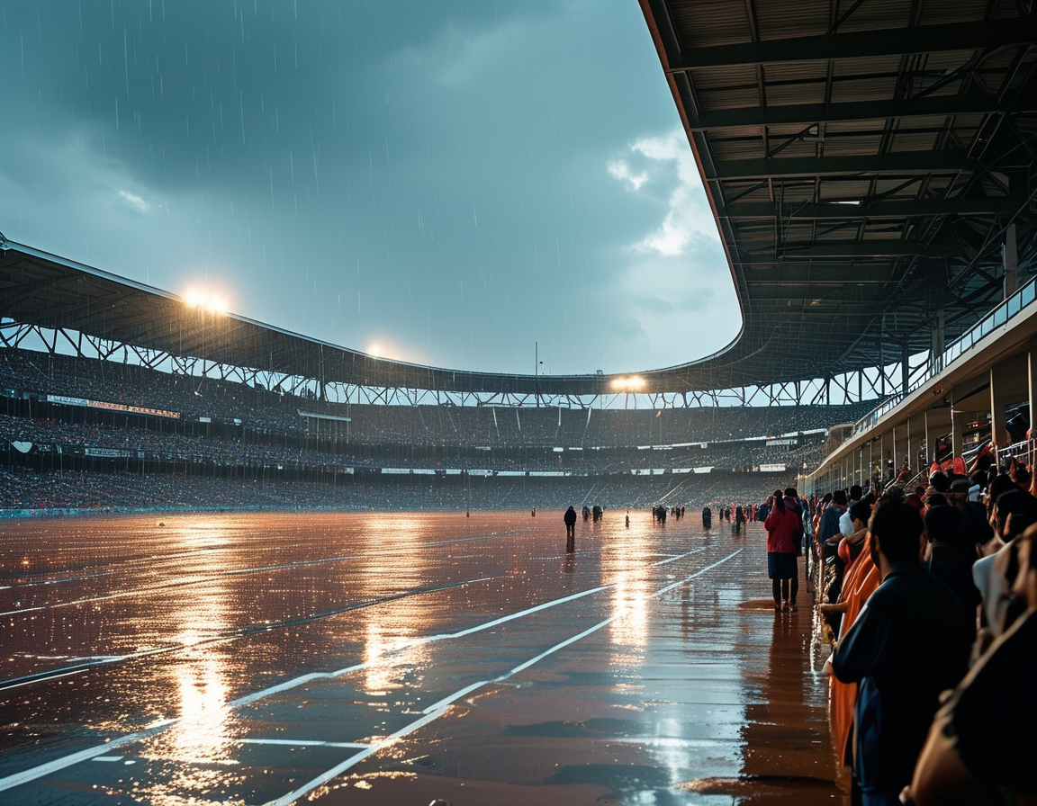 A drenched Gabba stadium with covers over the pitch, surrounded by disappointed fans waiting anxiously for the rain to stop, setting the stage for the tense match between Australia and India.