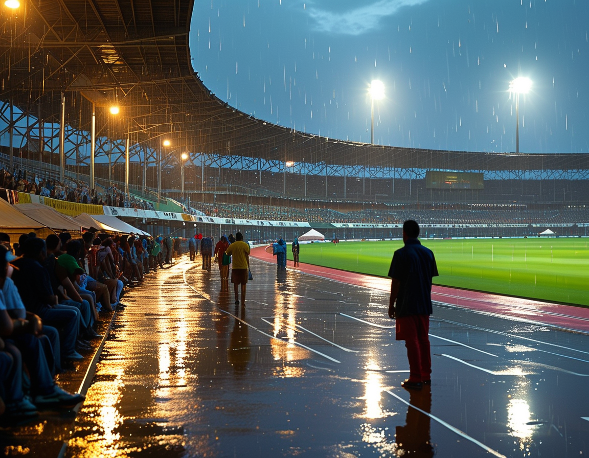 Rohit Sharma in conversation with his team on a rain-soaked field, deep in thought as he contemplates the implications of his toss decision amidst heavy cloud cover.
