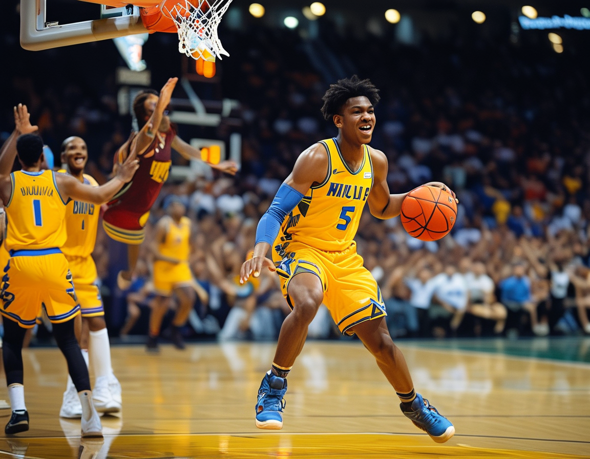 Ayo Dosunmu drives towards the basket, evading a Hornets defender, with teammates in the background celebrating a recent scoring play during the game.