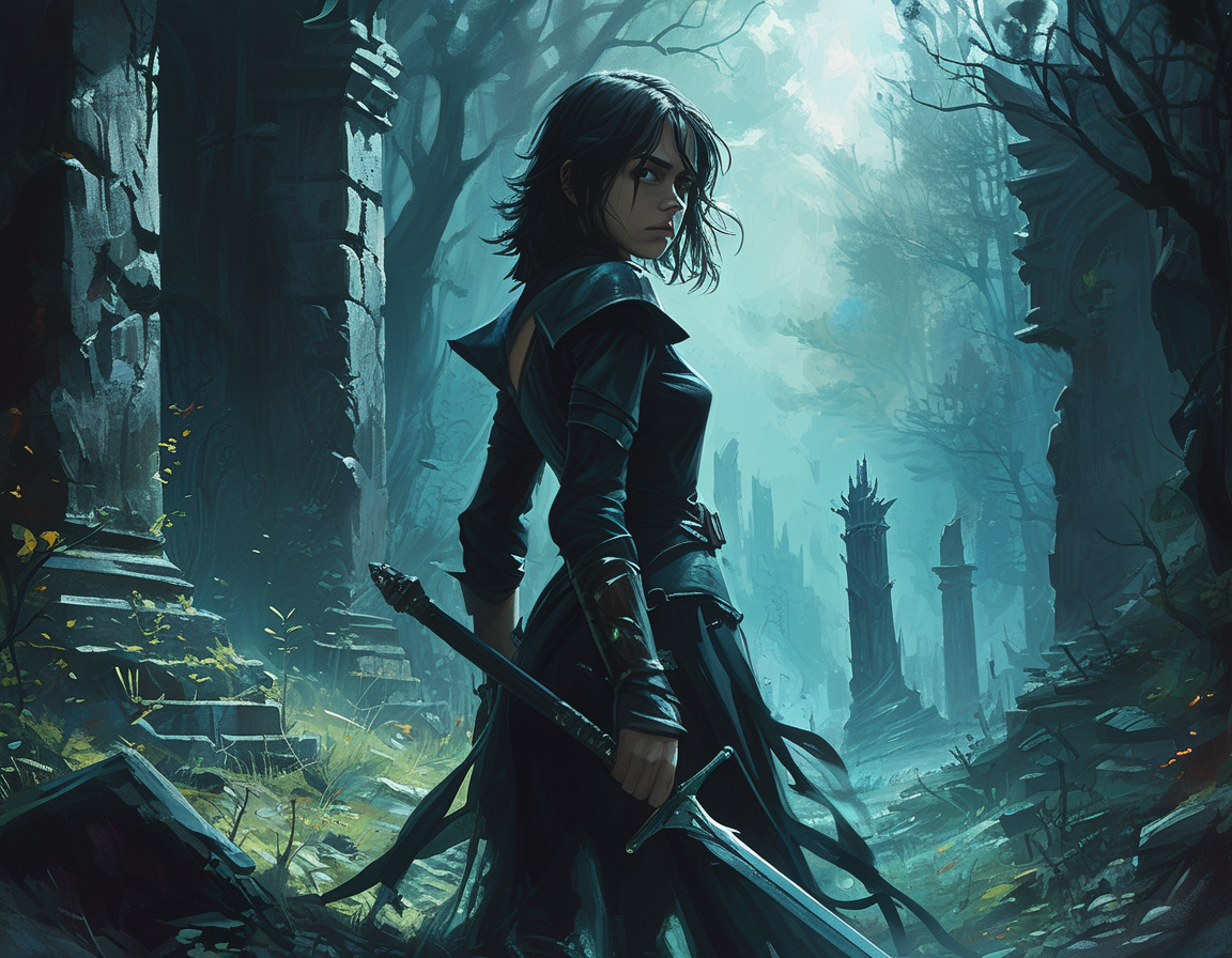 An illustration of Ciri wielding her sword, standing in a dark, enchanted forest filled with haunting shadows and ancient ruins. The atmosphere is tense and magical, indicating her new journey as the lead character.