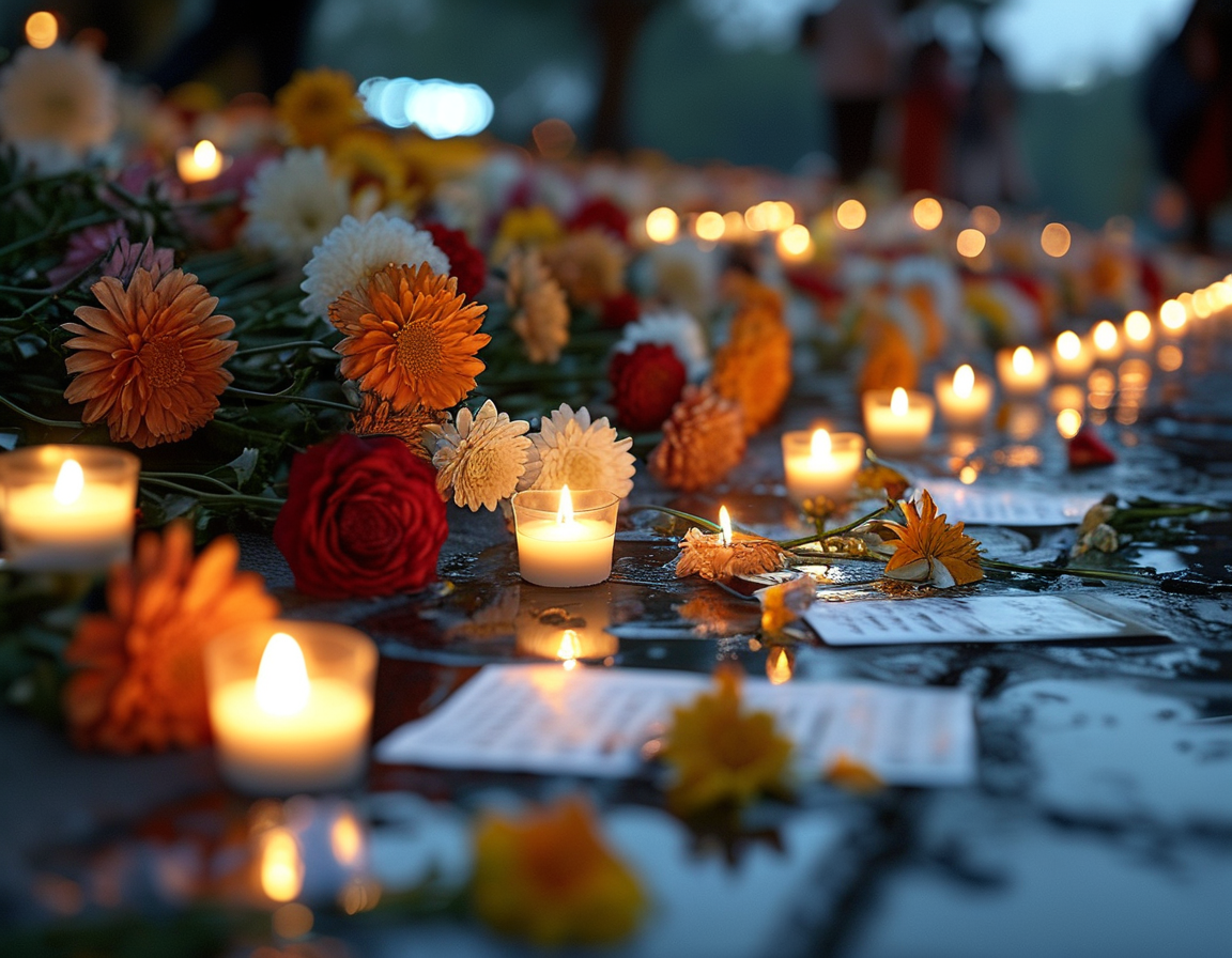 A somber view of a candlelight vigil in remembrance of Suchir Balaji, with flowers and photos laid out, reflecting the tech community's grief and the call for ethical AI practices.