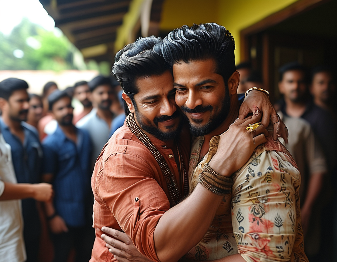 Vijay Deverakonda and Sukumar arriving at Allu Arjun's home, exchanging warm greetings with Arjun's father, setting a tone of solidarity in a difficult moment.