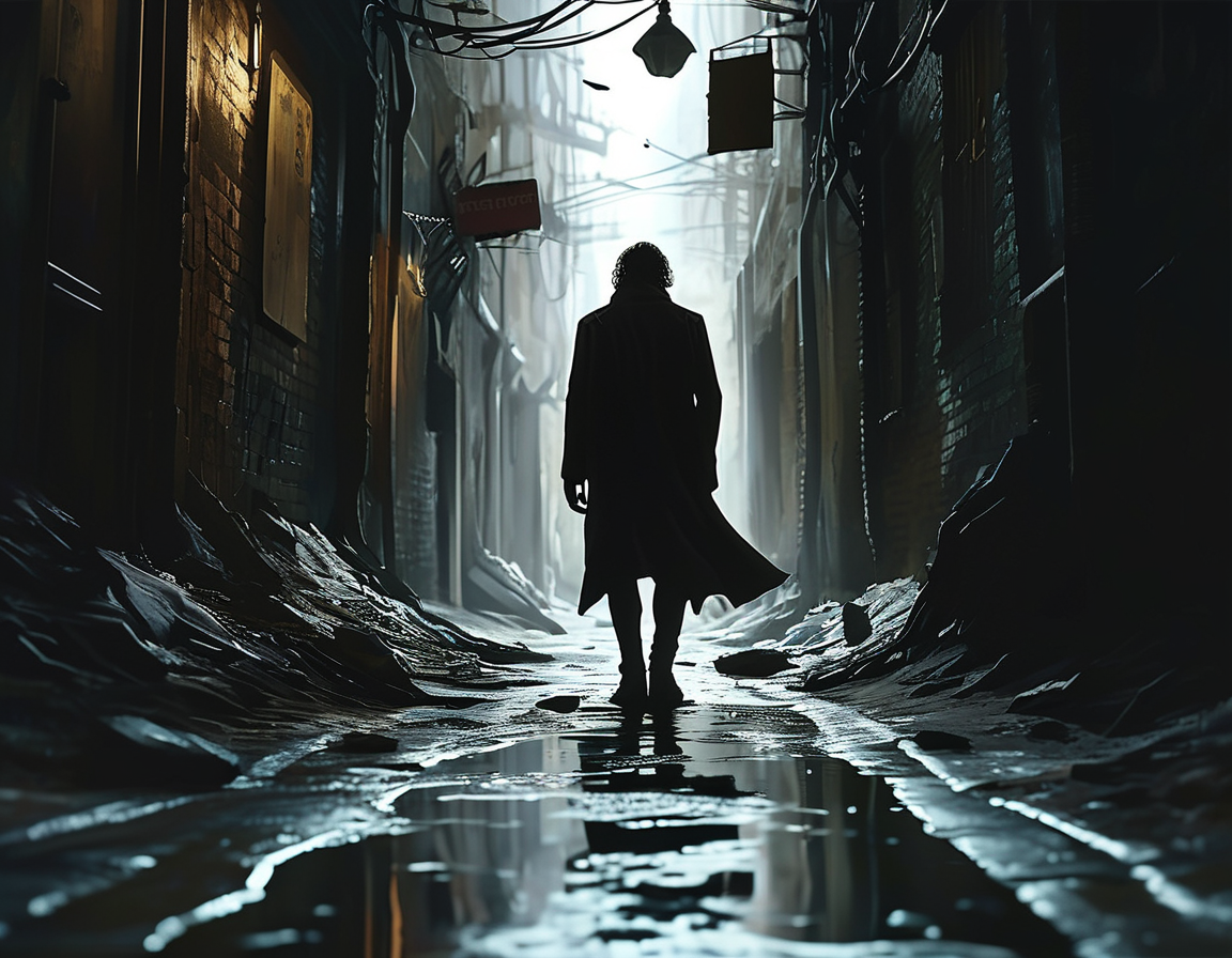 A dramatic image of a lone figure standing in a shadowy alley, symbolizing the struggles of Sony's Marvel film ventures, capturing both potential and disappointment.
