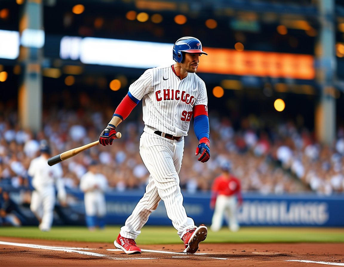 A dynamic image of Cody Bellinger in his Chicago Cubs uniform, showcasing his batting stance at home plate, emphasizing his potential impact on the Yankees' lineup.