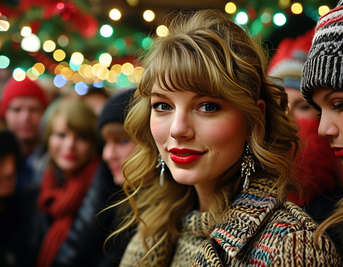 A beautifully lit winter wonderland scene filled with joyful fans, showcasing the magic of Lee's Summit's ‘Merry Swiftmas’ event in celebration of Taylor Swift's birthday.