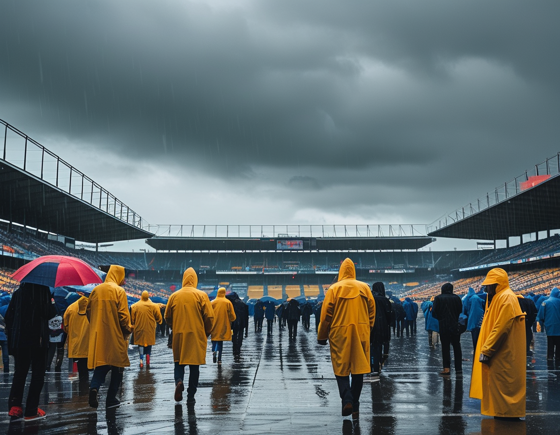A panoramic view of the Gabba during day one of the Test match, highlighting the contrasting expressions of players and fans as rain delays persist.