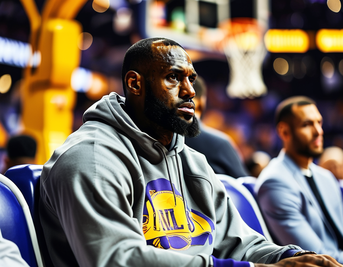 A somber image of LeBron James in street clothes, sitting on the Lakers bench, looking contemplative while his teammates warm up for a game, highlighting his absence and the team's struggles.