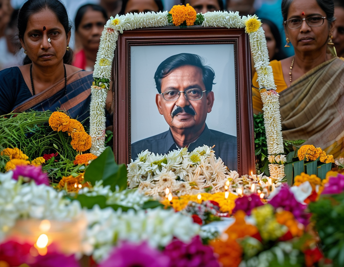 A heartfelt memorial service held in Tamil Nadu, with attendees gathered around a portrait of E.V.K.S. Ilankovan, flowers and candles honoring his legacy.