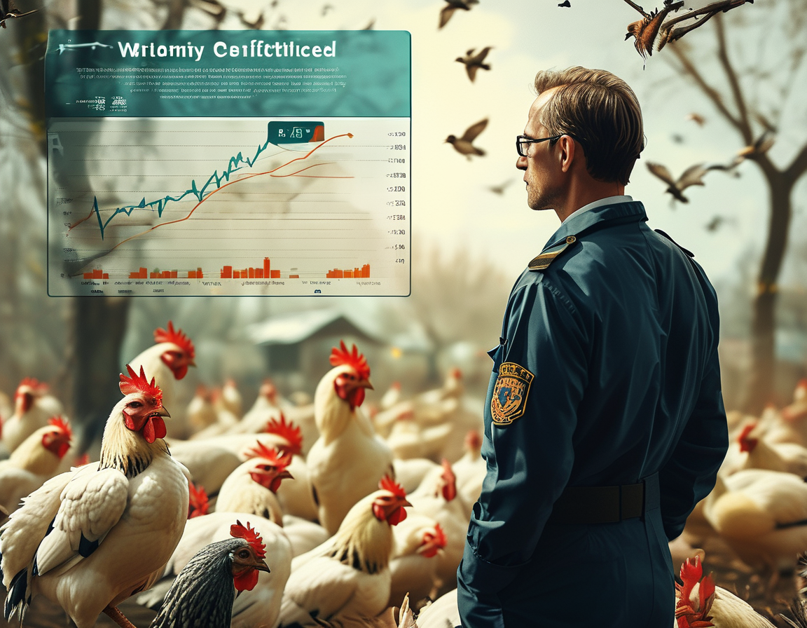 A concerned health official examines a chart of bird flu cases as awareness spreads in the community. In the background, visuals of sick birds and herd statistics can be seen.