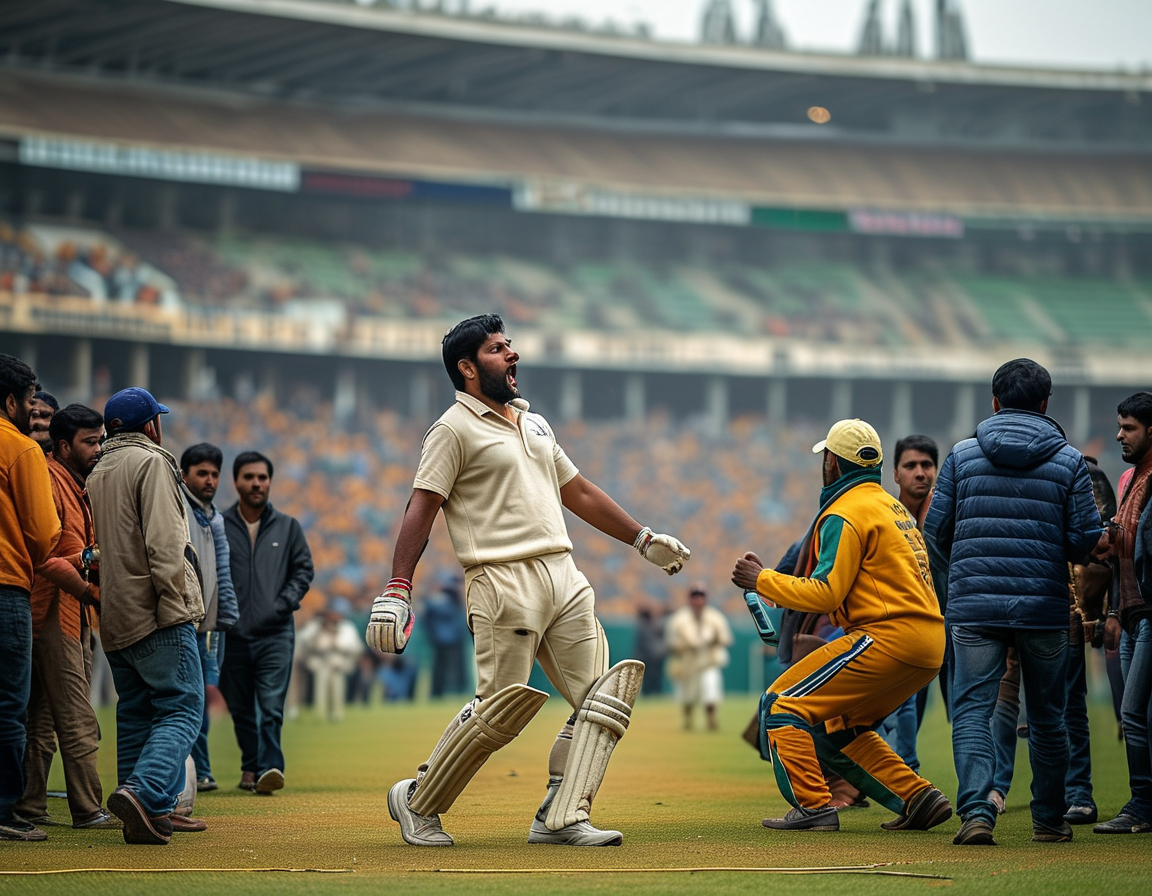A tense moment during a cricket match at The Wanderers Stadium, depicting the intense atmosphere as players from Pakistan and South Africa battle it out, showcasing both the struggle and determination in the game.