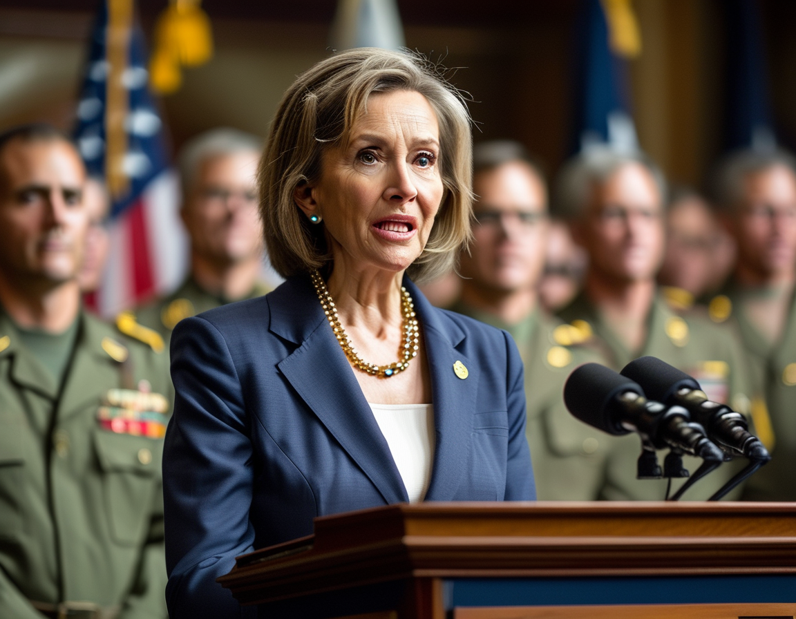 An image of Nancy Pelosi speaking at a podium during the Battle of the Bulge anniversary event, surrounded by supporters and military personnel, showing the significance of her role.
