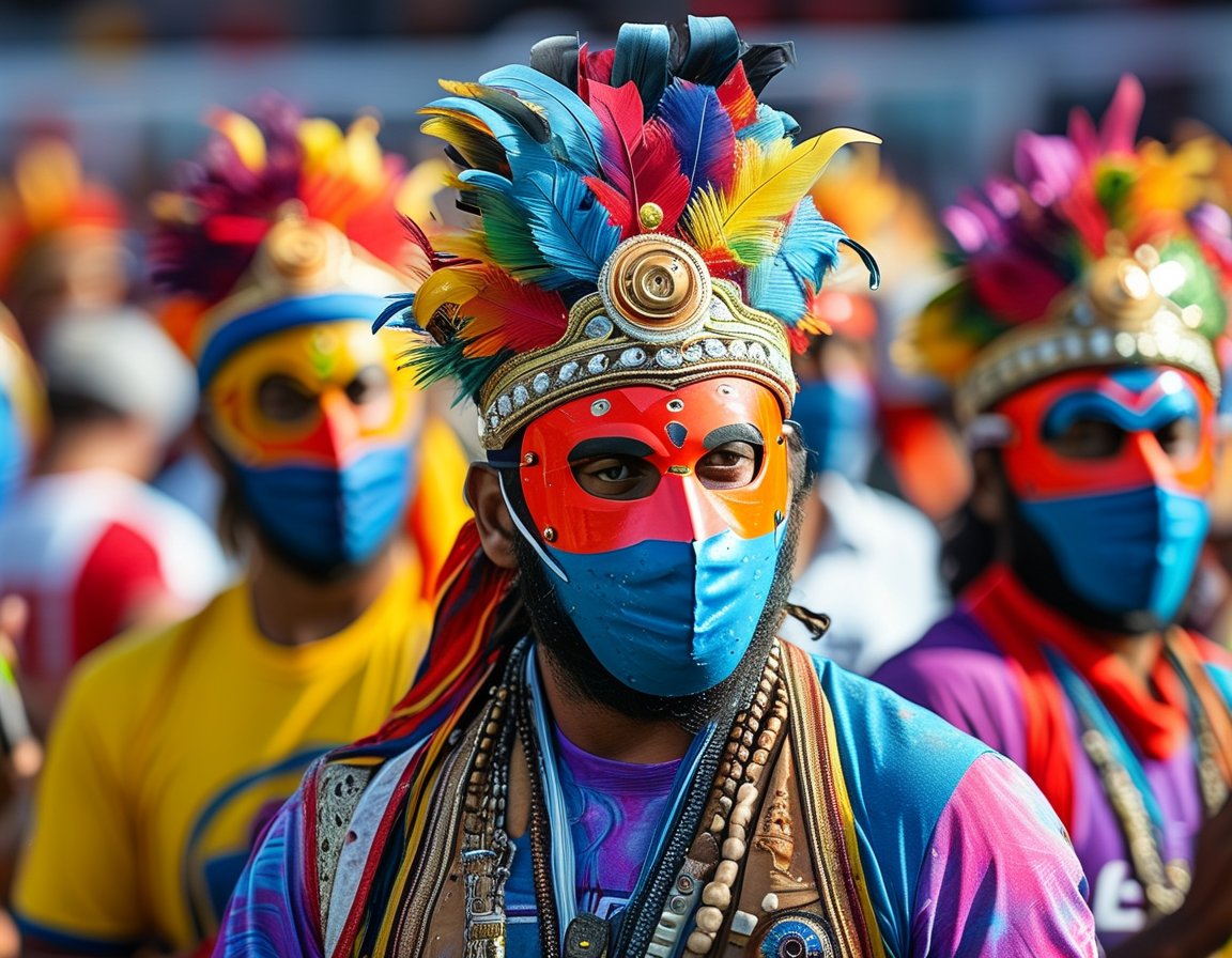 A colorful scene at the Gabba featuring Australian fans wearing Rishabh Pant masks and playing dhol drums, creating a vibrant and celebratory atmosphere amidst a cricket match.