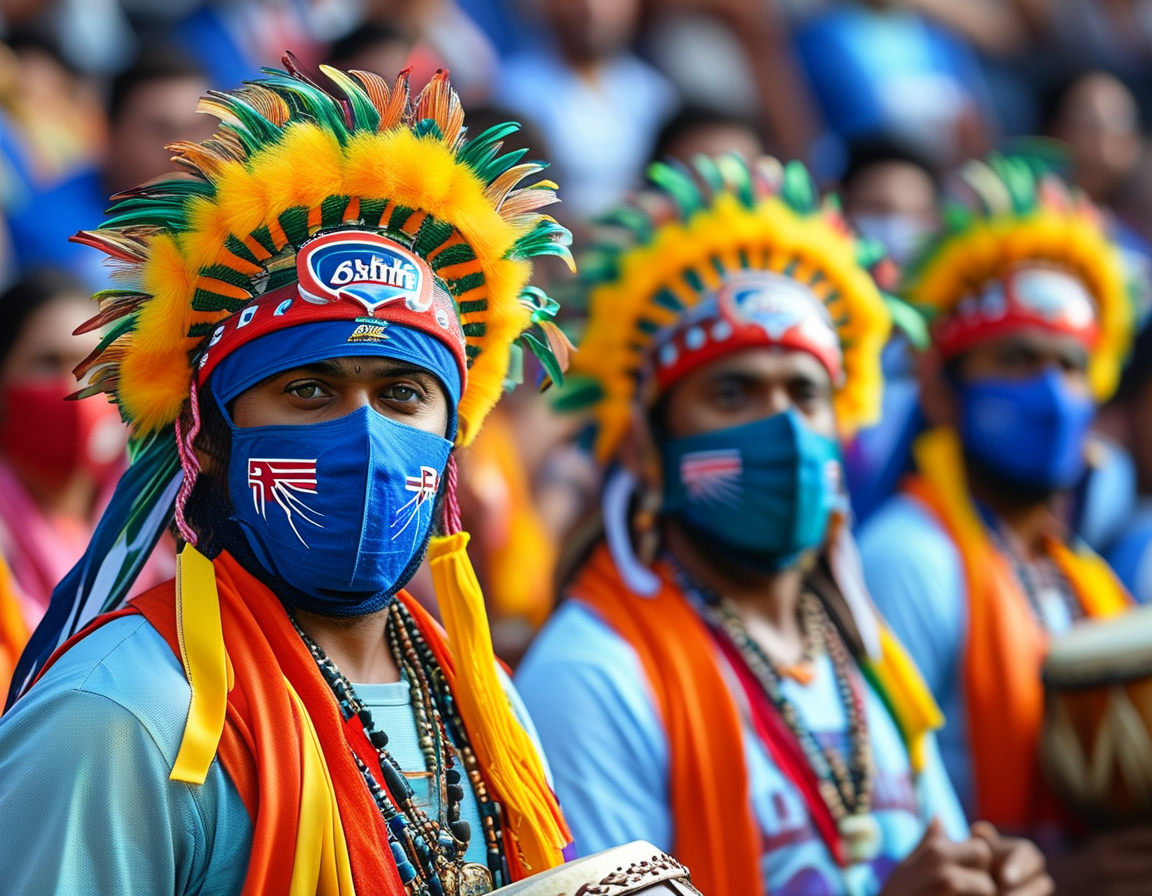 Fans at the Gabba in cheerful poses with dhol drums, showcasing unity and passion for cricket despite the rain, embodying the spirit of sportsmanship.