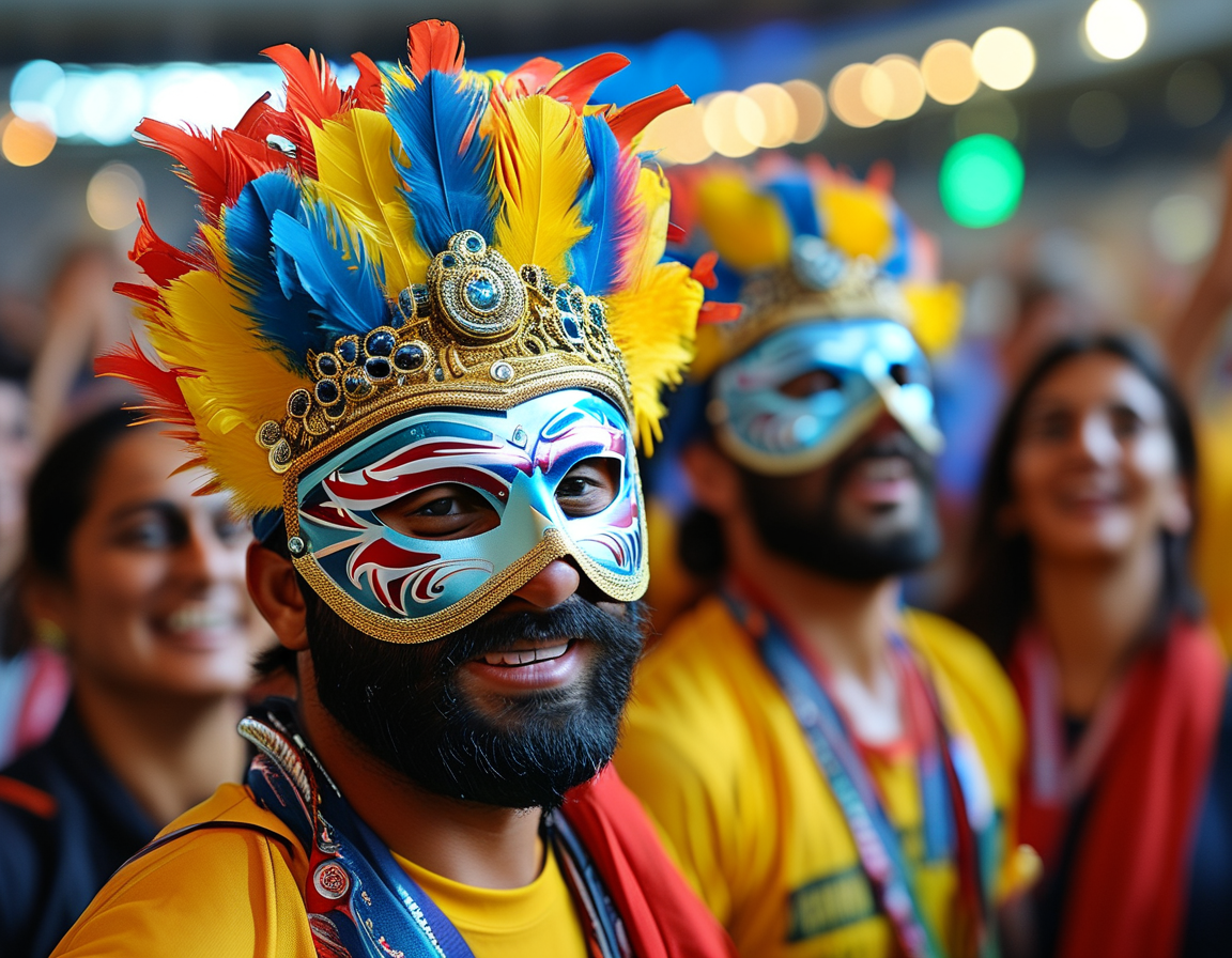 A vibrant scene at the Gabba with Australian fans wearing Rishabh Pant masks, dancing joyfully to the lively beats of dhol in a true celebration of cricket.