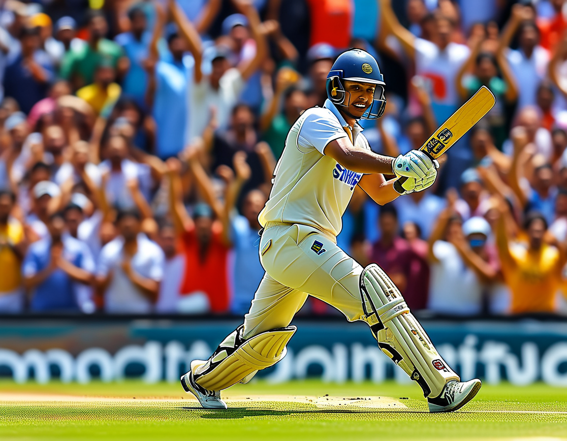 The image captures the intense atmosphere of a cricket stadium filled with enthusiastic fans waving banners and cheering as Madhya Pradesh approaches the final match, embodying a sense of unity and excitement.