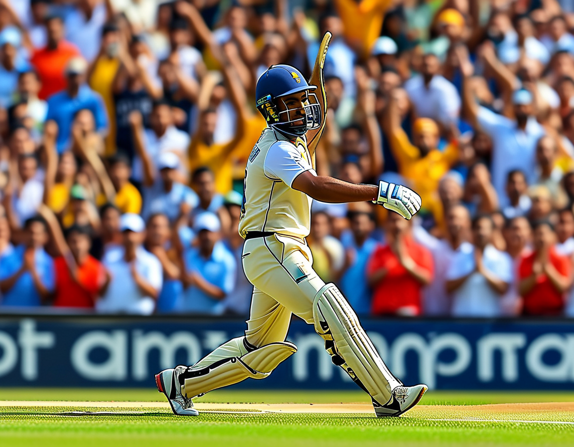 A close-up shot of Rajat Patidar celebrating after scoring runs, showcasing his determination and the thrill of the game, with his teammates rallying around him in support, reflecting teamwork and spirit.