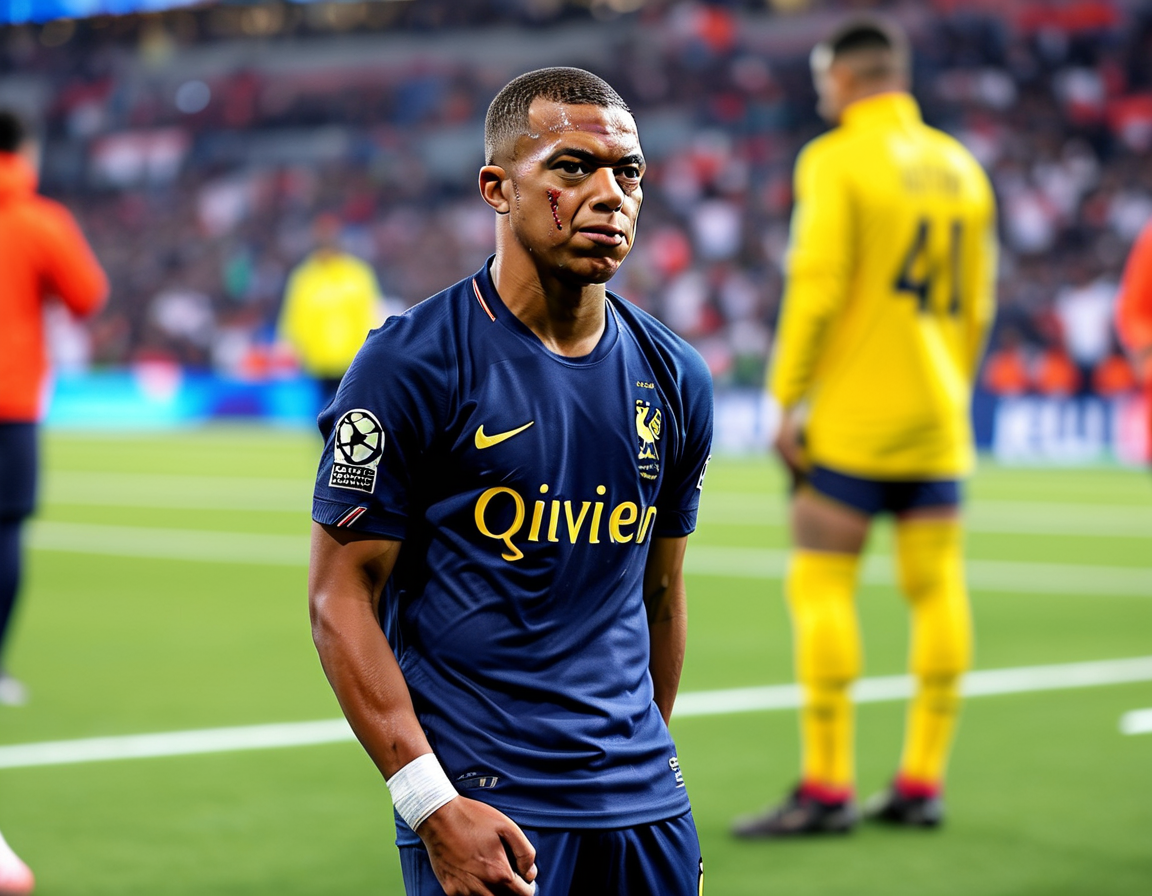 An intense football scene showing Kylian Mbappe on the field, clutching his thigh in pain after sustaining an injury during a Champions League match.