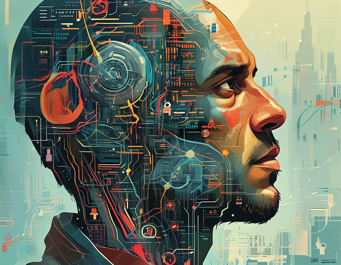 A poignant illustration of Suchir Balaji, superimposed with symbols representing AI, creativity, and ethics, reflecting the complex issues he highlighted in his final message. The background shows an abstract representation of a digital landscape, emphasizing technology's rapid evolution.
