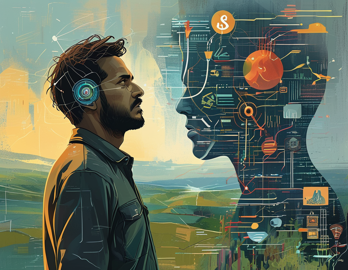 An artistic overlay featuring Balaji's silhouette surrounded by algorithmic patterns, signifying the interplay between AI development and ethical considerations in the tech industry.