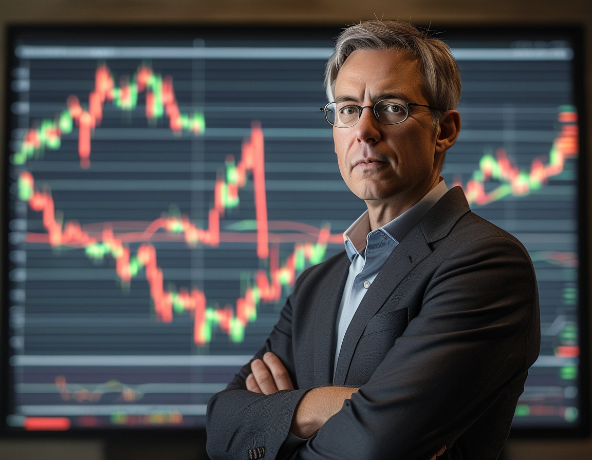 A stock market trading floor with screens displaying various stock tickers, emphasizing the atmosphere of volatility and investment opportunities surrounding Palantir.