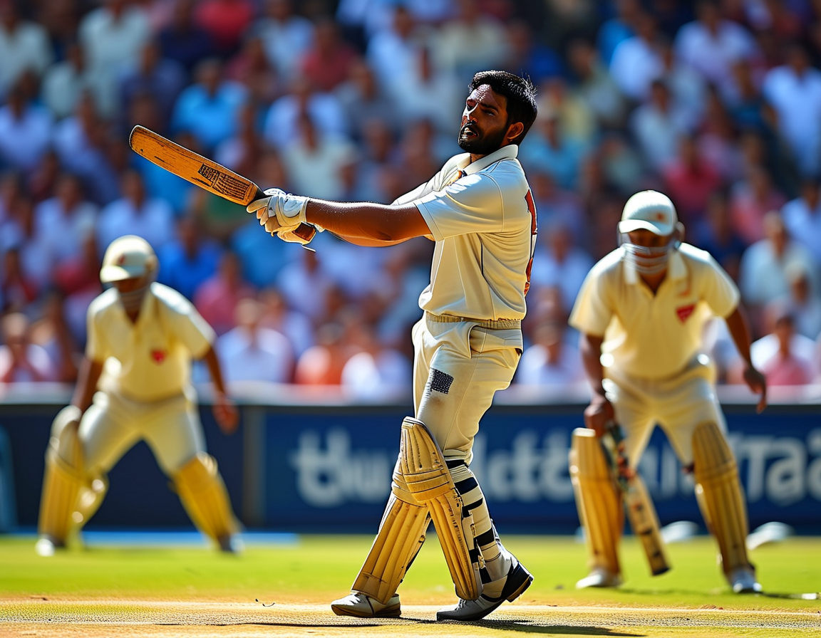 A wide shot of the cricket field at Gabba, capturing the challenge of the lively pitch under a bright sun, as Indian players take to the field after a tough start to their innings.