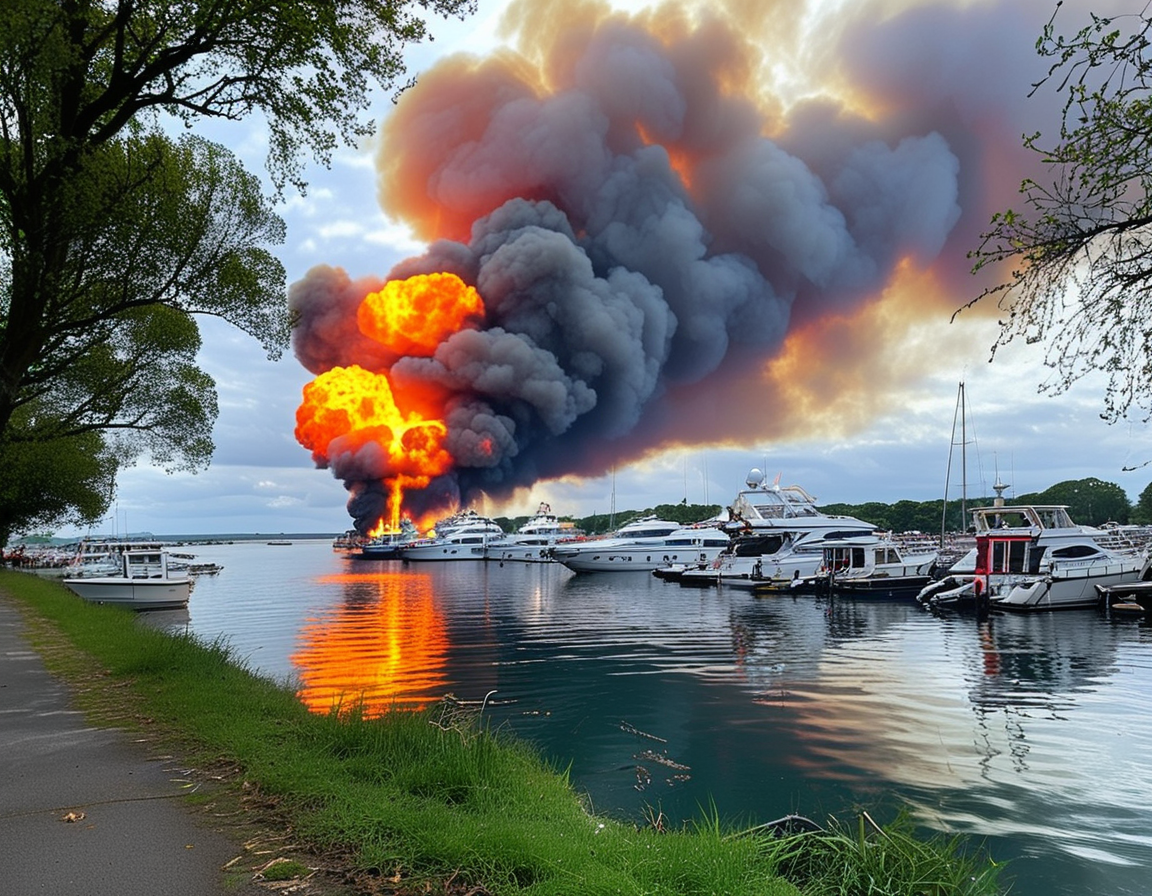 A fire at Chirk Marina with emergency personnel battling the flames on a pleasure boat, showcasing the intense chaos of the gas explosion incident.