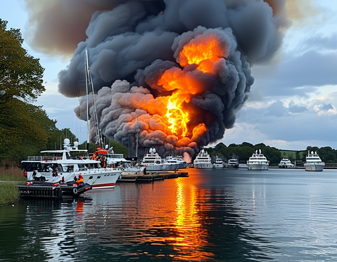 First responders on a rescue boat securing the burning vessel to prevent it from drifting towards other boats, highlighting their crucial efforts during the crisis.