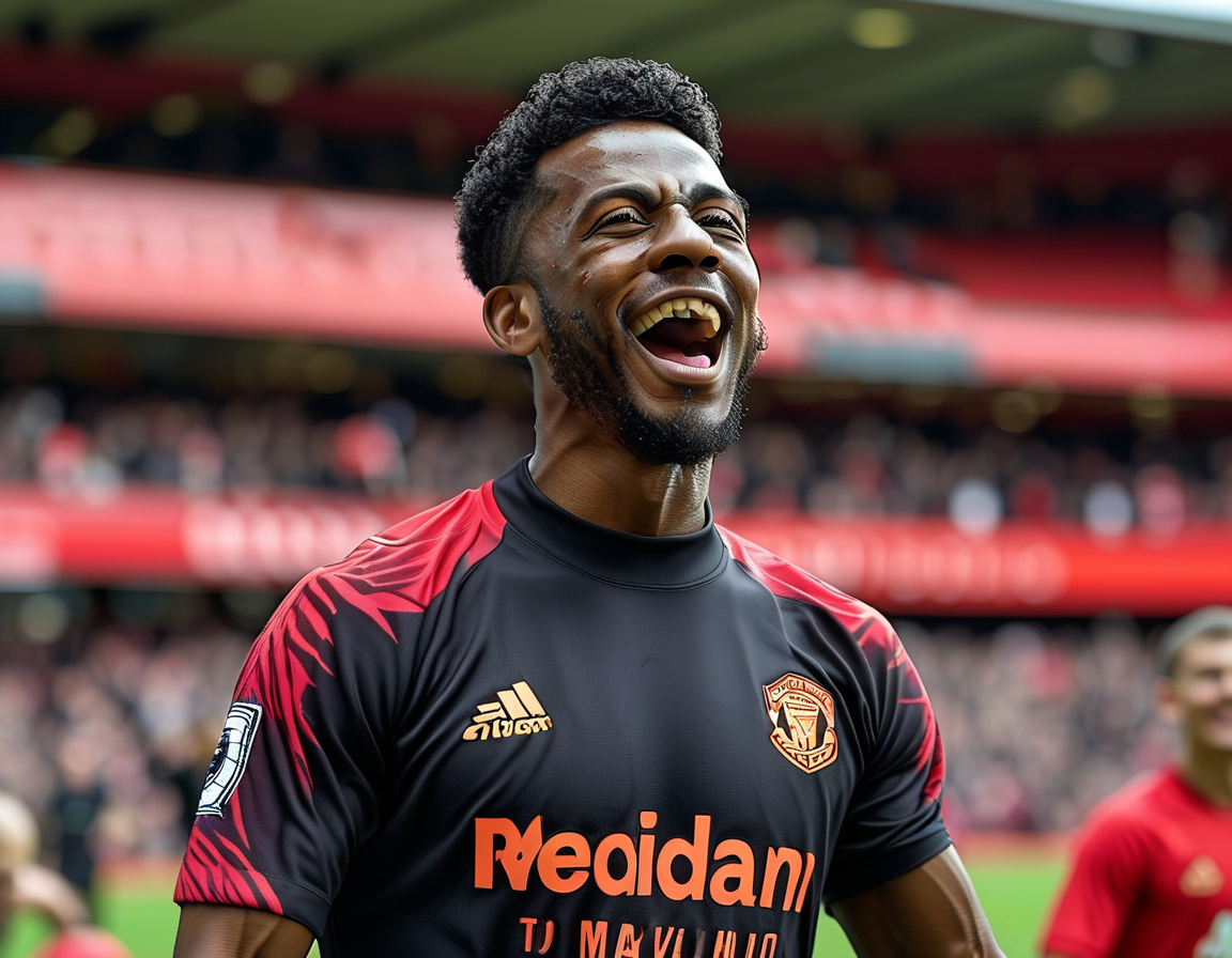 Amad Diallo celebrating after scoring the decisive goal for Manchester United in the derby against Manchester City, showcasing his skill and determination.