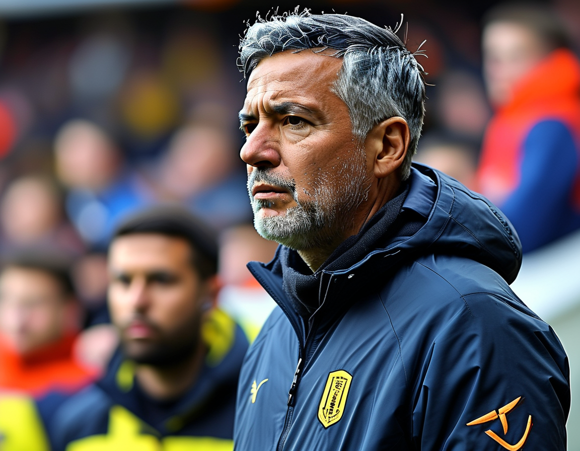 Pep Guardiola looking contemplative on the sidelines during a Manchester City match, showcasing his frustration and determination to turn the team's performance around amid challenges of the season.