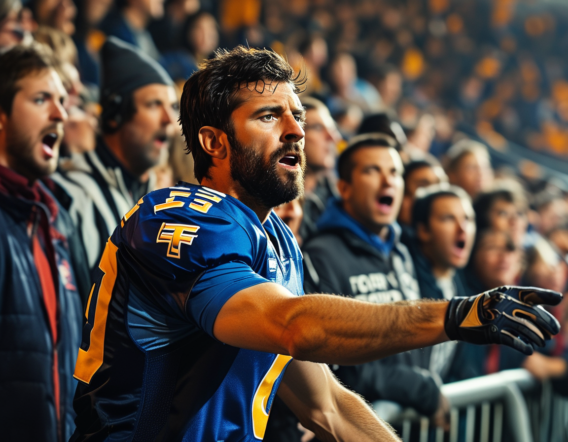 A dynamic scene from the thrilling football game, showing Jared Goff passing the ball amidst an intense atmosphere at Ford Field, with Lions fans expressing a mix of excitement and disappointment in the stands.
