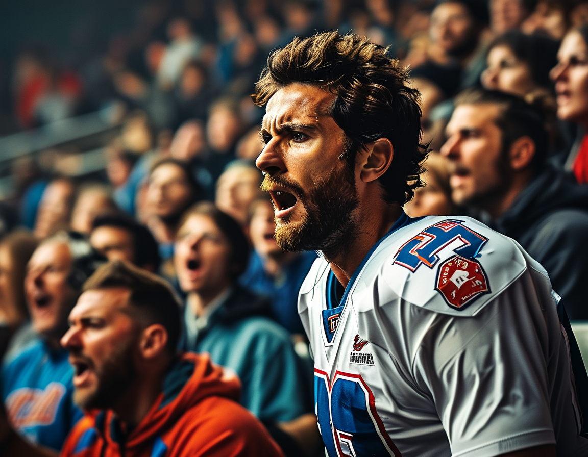A close-up of Bills quarterback Josh Allen celebrating a touchdown, showcasing his dual-threat capabilities as he engages with the roaring crowd, symbolic of the game's high stakes.