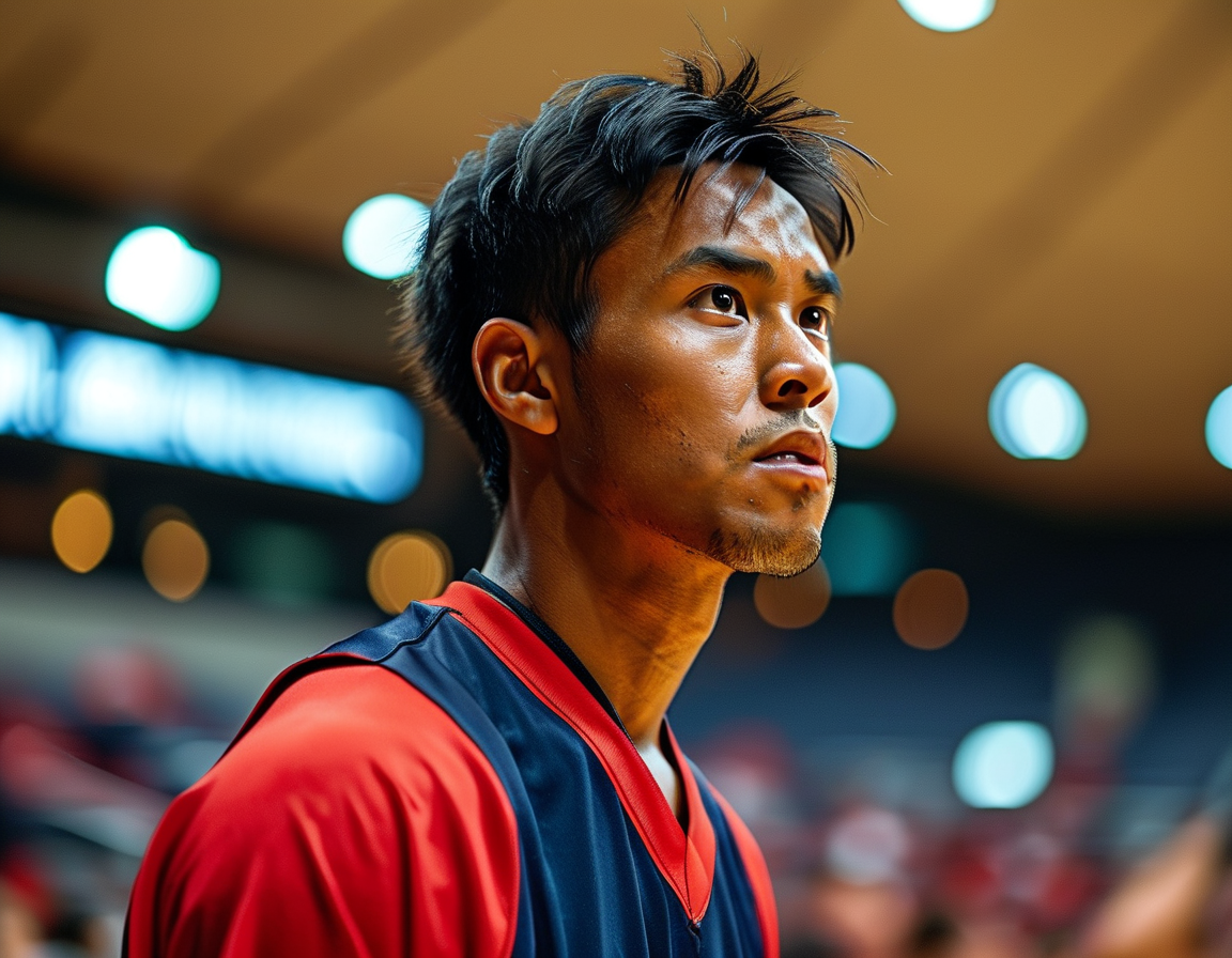 Kevin Quiambao in a La Salle jersey, looking contemplative on the sidelines during a basketball game, symbolizing his decision-making process regarding his future in the sport.