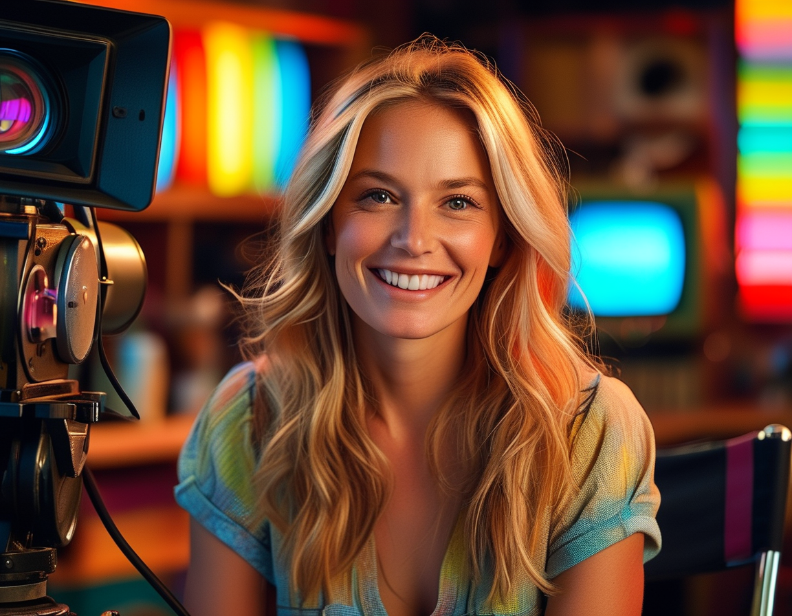 A vibrant portrayal of Jill Jacobson on set, showcasing her infectious smile and engaging presence, surrounded by colorful lights of a vintage television studio.