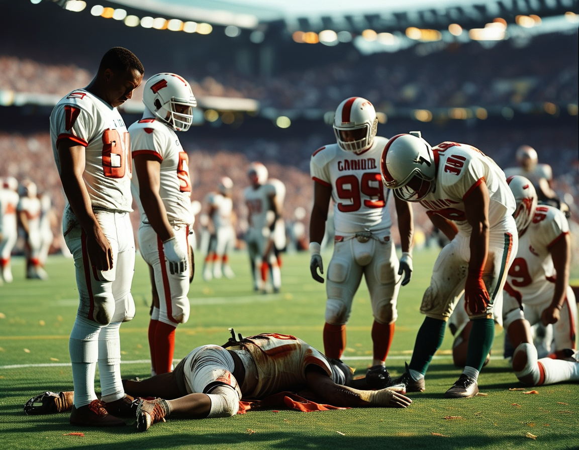 An emotional scene on the football field with players from both teams gathering in prayer as medical personnel attend to Grant DuBose, who lies on the ground after a serious injury.