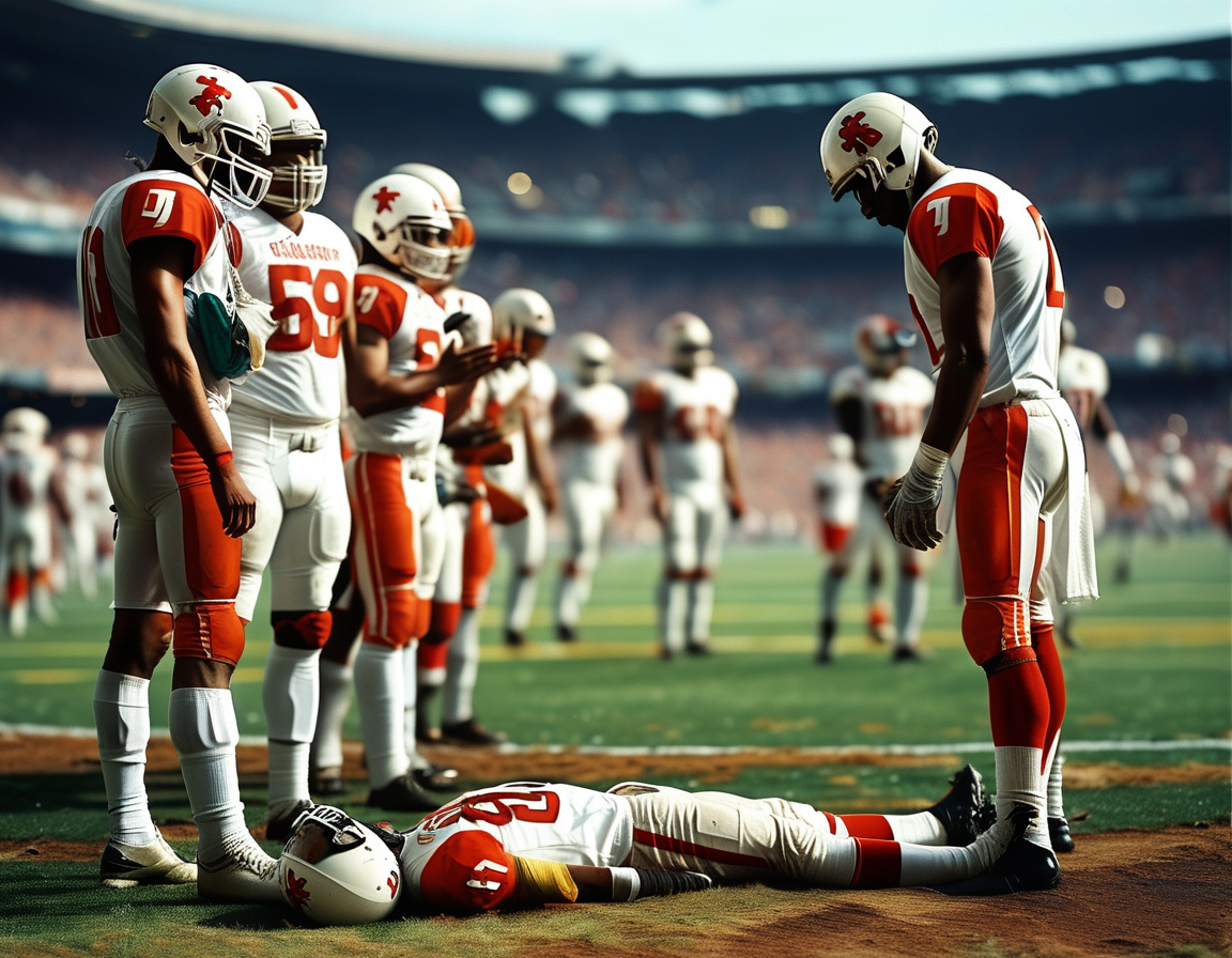 A close-up of emergency medical staff carefully placing Grant DuBose on a stretcher, surrounded by concerned teammates and coaches during a tense moment on the field.