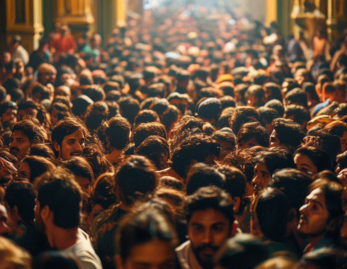 A bustling theater crowd with people rushing toward the entrance, capturing the chaos and excitement that led to the tragic stampede at the Pushpa 2 premiere, showcasing a mix of emotions.