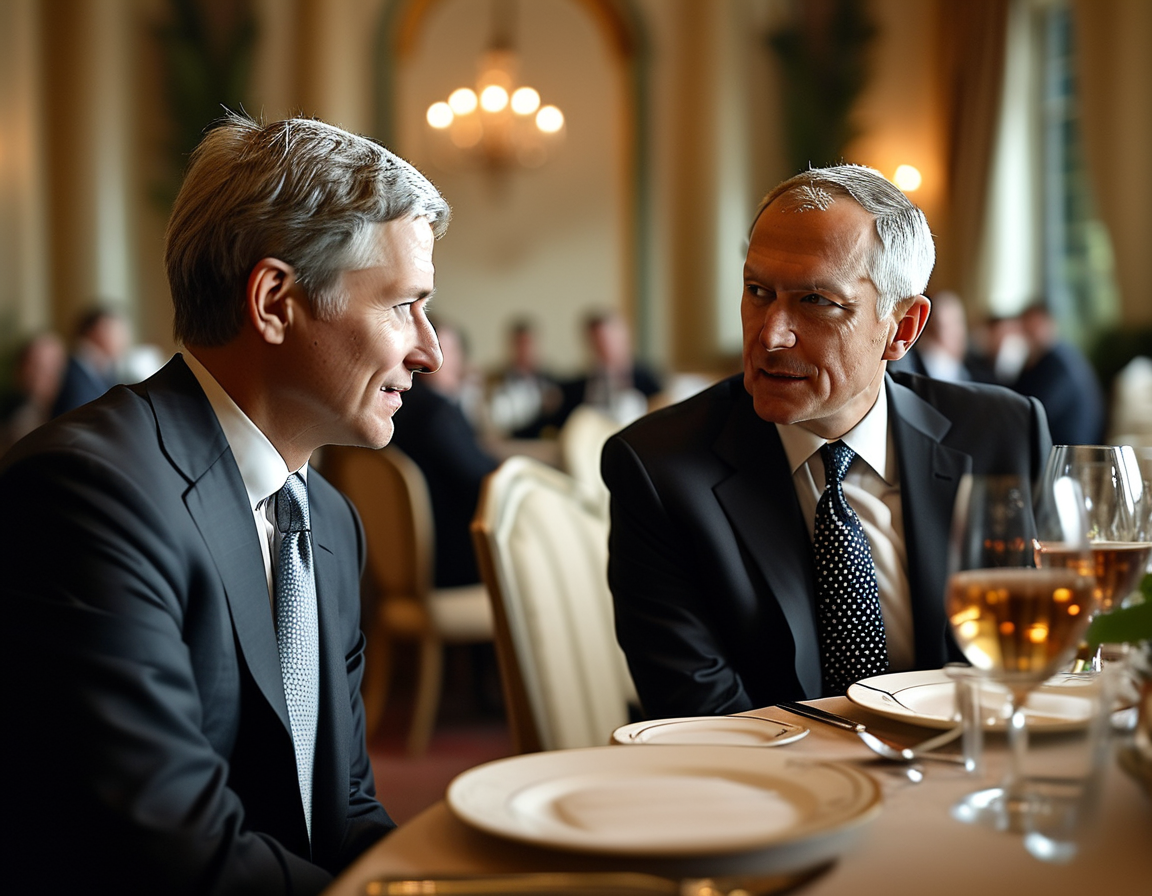 An image of Tim Cook and Donald Trump at Mar-a-Lago, engaged in conversation over dinner, with a backdrop of elegant dining decor that suggests a strategic meeting.