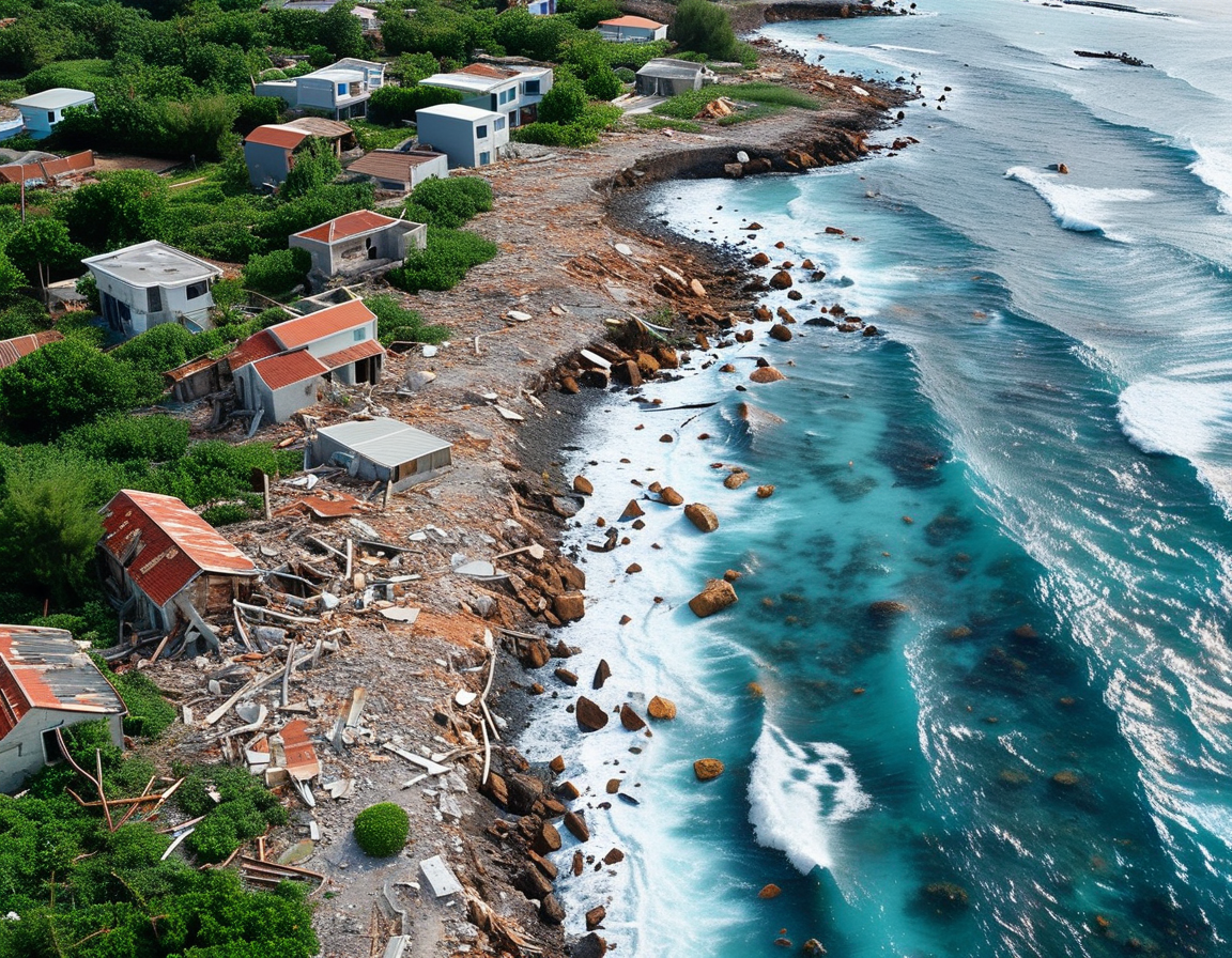 Aerial view of Mayotte's coastline showing significant destruction after Cyclone Chido, with debris scattered and homes flattened, symbolizing loss and despair.