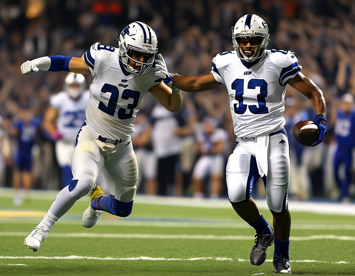 An action shot of Marvin Mims Jr. celebrating after a touchdown reception during the Broncos vs Colts game, capturing the intensity and excitement of NFL football.