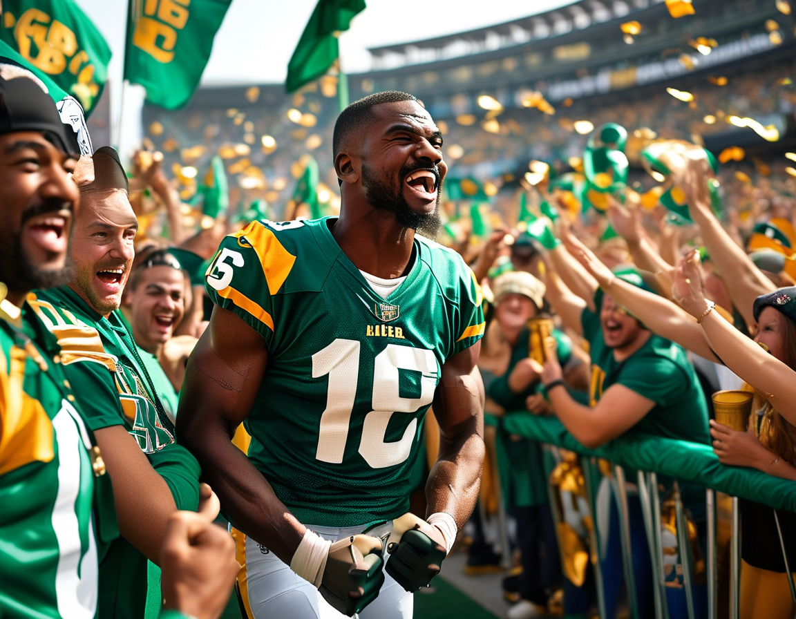 A vibrant scene at Lambeau Field with Packers fans cheering, waving green and gold flags as Josh Jacobs breaks a tackle going for a touchdown, capturing the excitement of the game.