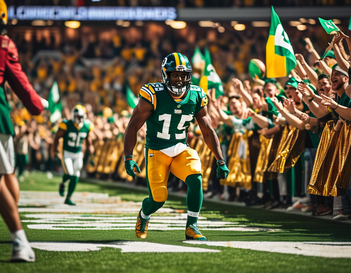 Jordan Love and Romeo Doubs celebrating after a touchdown, their connection symbolizing the hope and potential of the Packers' offense for the season ahead.