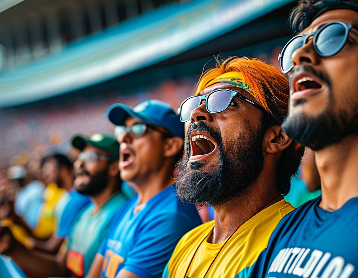 A vibrant stadium filled with excited fans, cheering passionately as players from West Indies and Bangladesh compete in a tense T20I cricket match.
