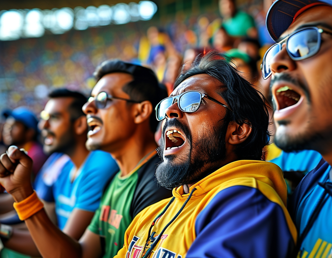 Close-up shot of Rovman Powell hitting a six, with a backdrop of enthusiastic crowds celebrating in the stadium, showcasing the thrill of cricket.