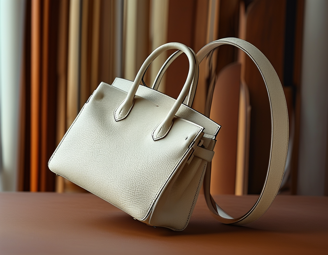An elegant Hermès Birkin bag displayed against a soft-focus backdrop, showcasing its exquisite leather texture and meticulous craftsmanship. The bag is slightly angled to highlight its unique design and stitching.