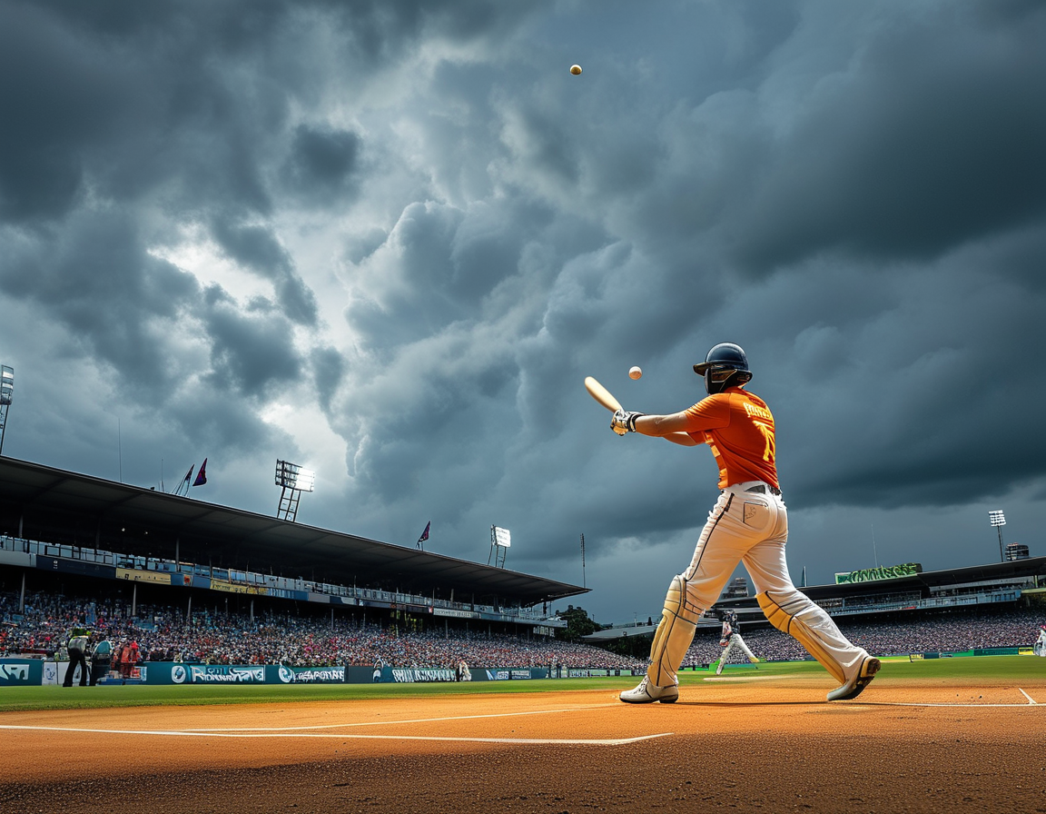 A tense moment during the Brisbane Test, focusing on Mitchell Starc bowling to a batsman in an overcast sky, capturing the intensity of the match and India's struggles.